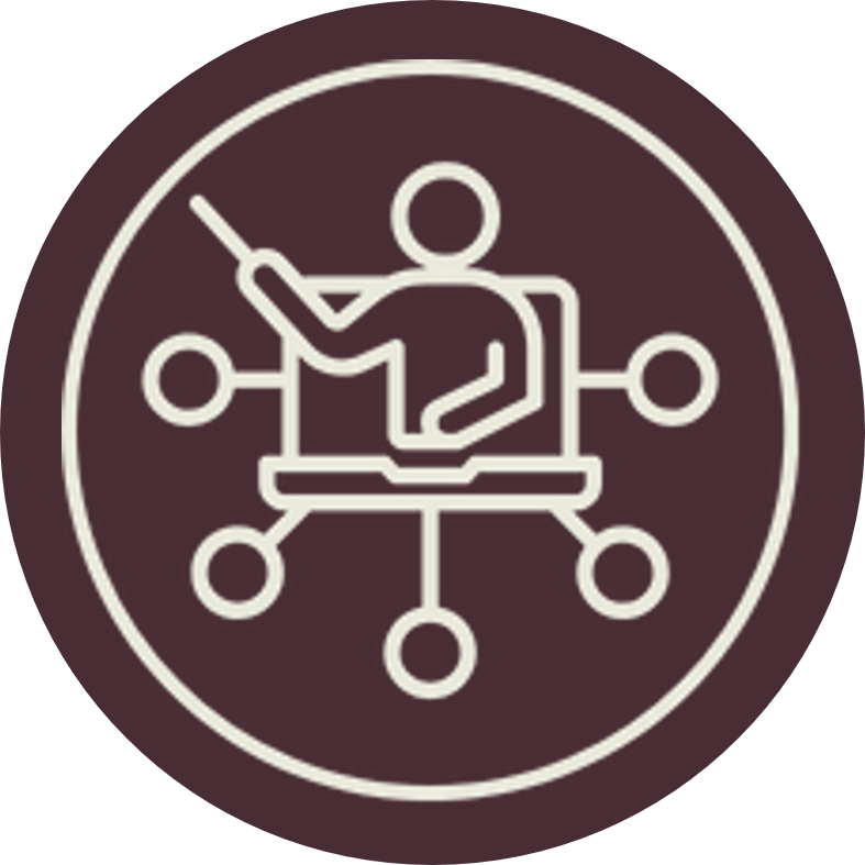 An icon representing Training and Development with a facilitator teaching to many either in-person or online.